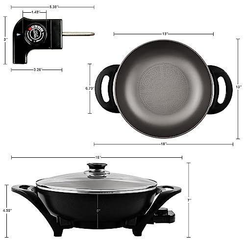 Electric Wok With Lid Nonstick - Electric Skillet Serves For 6 People, Portable Countertop Cooking Wok, 5-Dial Temperature Control, 13inch, Black