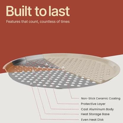 Bakken Pizza Baking Pan - Round Perforated Carbon Steel Pan with Non-Stick Marble Coating, Oversized Silicone Handle, Dishwasher Safe, High-Temperature Resistant, Durable & Easy Cleanup White, 2 Pack