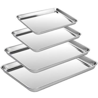 CEKEE Baking Sheet Set of 4, Stainless Steel Cookie Sheets for Baking, 0.8mm Heavy Duty Nonstick Baking Pans, 9/10/12/16 Inch Baking Trays for Oven, Non Toxic & Mirror Finish & Easy Clean