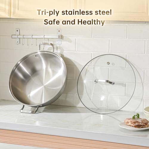 Yeksum Tri-Ply Stainless Steel Saute Pan,Deep Frying Pan with lid,Compatible with All Cooktops Up to 650℉, Everyday Pan,Hot Pot,Kadhai,Induction Cooking Pot,Dishwasher and Oven Safe. (5QT)