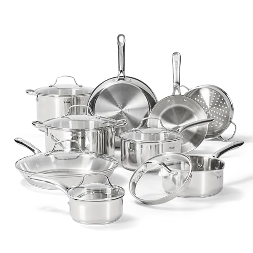 T-fal Gourmet 15-Piece Stainless Steel Cookware Set, Pots and Pans Cooking Set, Dishwasher Safe, Oven Safe to 500°F, Induction Compatible, Stock Pot, Sauce, Saute, Frying Pans, Silver
