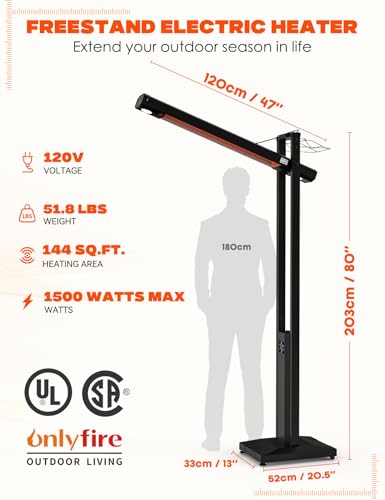 onlyfire FlexRay Heater - 80" Electric Infrared Patio Heater for Indoor & Outdoor Use, Freestanding Heater with Magnetic Remote & Cover, 3 Heat Modes + Light Mode,1500W, Overheat & Tip-Over Protection