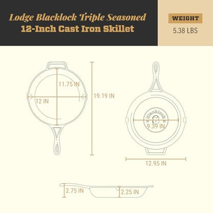 Lodge Blacklock 12" Triple Seasoned Cast Iron Skillet - Lightweight - Easy Cleanup - Premium Cookware
