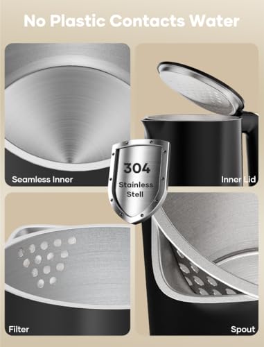 Yoochu Electric Kettle, Double Wall 1.7L Stainless Steel Cool Touch, Water Boiler & Heater, 1500W Hot Tea Pot, Boil Dry Protection & Cordless Base, BPA-Free, Black