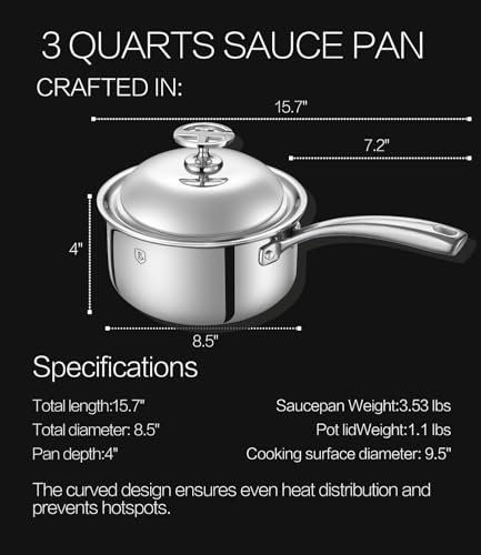 Lebof 3-Quart Stainless Steel Saucepan with Lid,5-Ply Clad Base Pot Even Heating & Fast Boiling, Premium Saucier for Induction, Gas, Electric & Oven