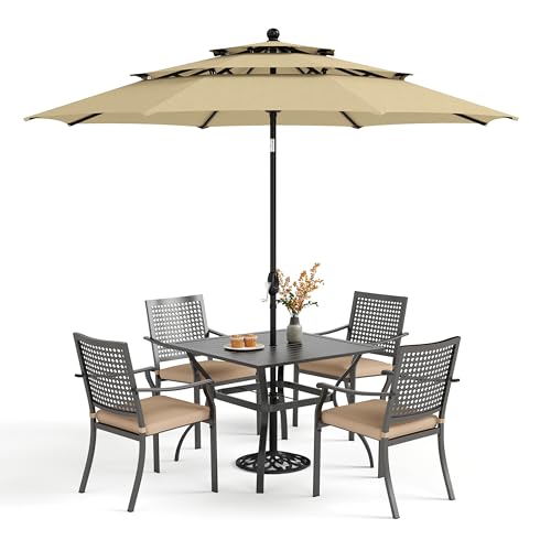 PHI VILLA 5 Pieces Outdoor Dining Set for 4 with 10ft Umbrella, 37" Metal Square Table & Stackable Wrought Iron Chair with Cushions & Beige Umbrella, Modern Furniture Set for Patio, Deck, Yard, Porch