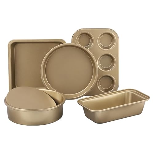 BRMUEIX 5-Piece Gold Nonstick Baking Pans Set, Carbon Steel Bakeware Includes Round Cake Pan, 6-Cup Muffin Pan, Square Pan, Pizza Pan, Loaf Pan, Complete Baking Tools for Home Baking & Gift