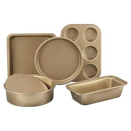BRMUEIX 5-Piece Gold Nonstick Baking Pans Set, Carbon Steel Bakeware Includes Round Cake Pan, 6-Cup Muffin Pan, Square Pan, Pizza Pan, Loaf Pan, Complete Baking Tools for Home Baking & Gift