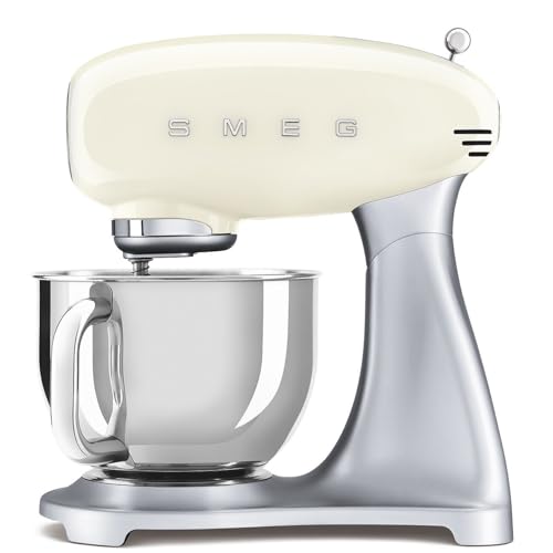 SMEG SMF04 5-Qt Stand Mixer with Smooth Start & SteadyMix, 600W Motor, 10 Speeds, Stainless Steel Bowl & Pour Shield – Retro 50’s Style Planetary Mixer for Bread Dough, Baking & Desserts-Cream