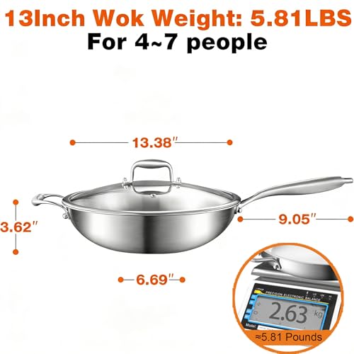 DELARLO Woks & Stir-Fry Pans, 13 in Stainless Steel Pan with Lid, With Side Ear, Large Cooking Surface, Tri-Ply Stainless Steel Wok Pan, 3 Layer Stainless Steel Saute Pan, Works on Induction, 600℉