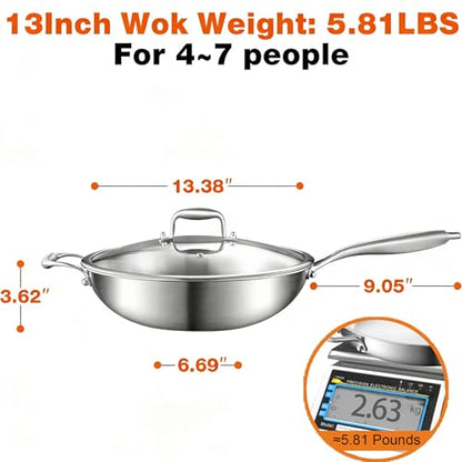 DELARLO Woks & Stir-Fry Pans, 13 in Stainless Steel Pan with Lid, With Side Ear, Large Cooking Surface, Tri-Ply Stainless Steel Wok Pan, 3 Layer Stainless Steel Saute Pan, Works on Induction, 600℉