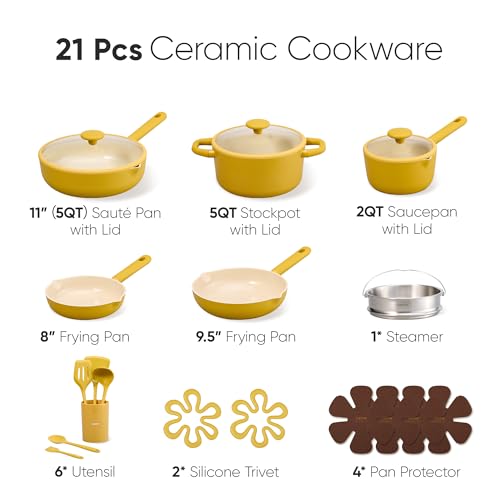 CAROTE 21pcs Cookware Set Nonstick Pots and Pans Set, Ceramic Cookware Set Induction Cookware, Non toxic Healthy Non Stick Kitchen Cooking Set, PFAS PTFE Free