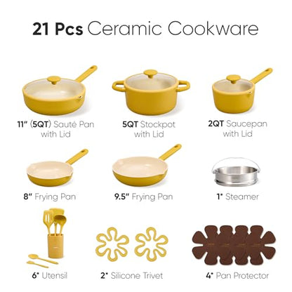 CAROTE 21pcs Cookware Set Nonstick Pots and Pans Set, Ceramic Cookware Set Induction Cookware, Non toxic Healthy Non Stick Kitchen Cooking Set, PFAS PTFE Free