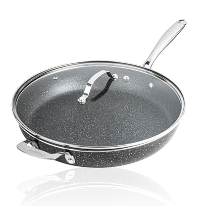 Granitestone Ceraluxe 14 Inch Frying Pan with Lid, Family Sized Large Frying Pan Skillet with Ceramic Nonstick Coating, Non Toxic PFOA Free, Oven and Dishwasher Safe - Black