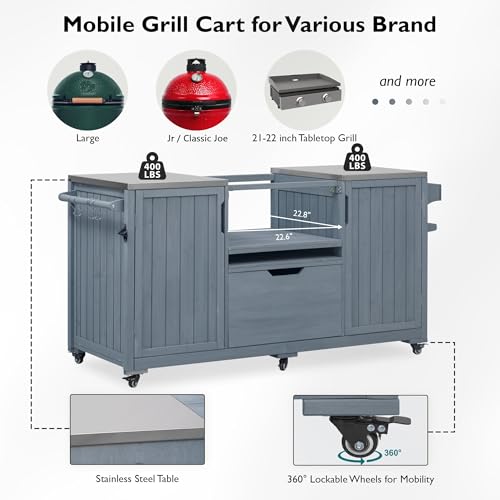 Amposei Outdoor Grill Cart Table for Large Big Green Egg Accessories 66.5’’ Solid Wood Kitchen Storage Island Prep Station with Stainless Steel Top for BBQ, Grey Blue