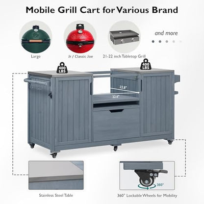 Amposei Outdoor Grill Cart Table for Large Big Green Egg Accessories 66.5’’ Solid Wood Kitchen Storage Island Prep Station with Stainless Steel Top for BBQ, Grey Blue