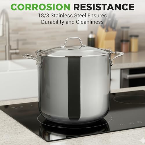 NutriChef 19-Quart Stainless Steel Stockpot – 18/8 Food Grade Heavy-Duty Induction-Compatible Pot with See-Through Lid, Ideal for Stews, Broths, Simmering & Soups, Dishwasher Safe – NCSP20