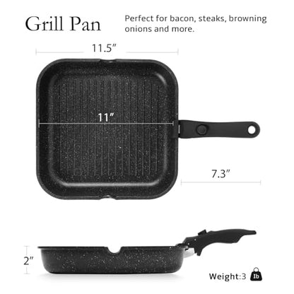 ESLITE LIFE 11 Inch Large Square Grill Pan, Induction Compatible Nonstick Steak Grill Pan with Detachable Handle, Versatile Skillet for Indoor Cooking, PTFE & PFOA Free, Black