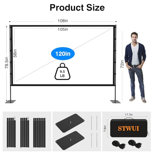 STWUI Outdoor-Projector-Screen-with-Stand - 120 inch Portable Projection Screen Indoor Outdoor Projector Screens 16:9 4K HD Lightweight Movie Screen with Carry Bag for Backyard Movie Night