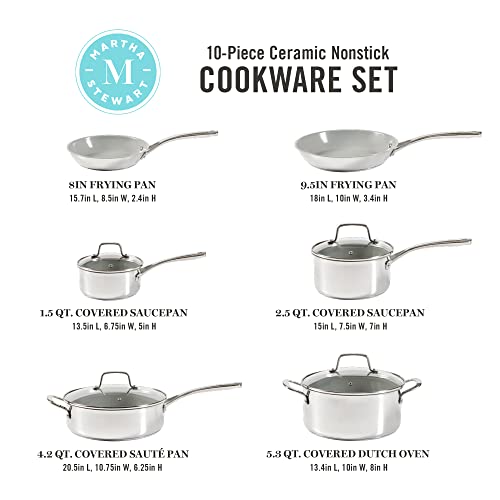 Martha Stewart Delaroux 10 Piece Stainless Steel Pots and Pans Kitchen Cookware Set w/PFAs Free Premium Nonstick Ceramic Interior
