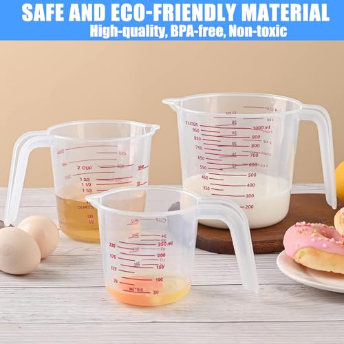 DTDNZKN 3 Pack Measuring Cup Set, Includes 250Ml (1-Cup), 500Ml (2-Cup) and 1000Ml (4-Cup) Plastic Liquid Measuring Cups- Baking, Cooking, Mixing & Measuring Cups, Essential Kitchen Tools