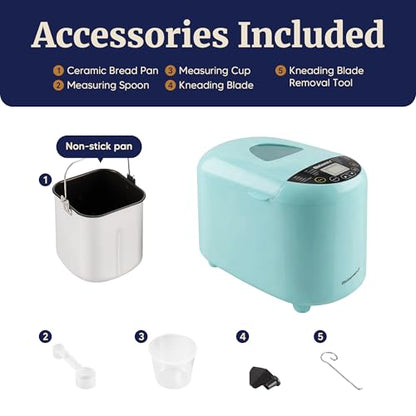 Elite Gourmet Programmable Bread Maker, 2 lb Loaf, 3 Sizes, 19 Presets incl. Gluten-Free, Dough & Jam, Delay Timer, Mint
