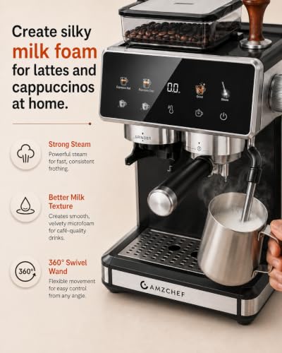 AMZCHEF Espresso Machine with Grinder, 20 Bar, Latte & Cappuccino, Black