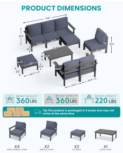 SERWALL 9 Pieces Patio Sofas, HDPE Outdoor Sectional Sofa Couch Set, Grey