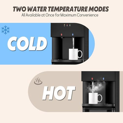 Manastin Water Dispenser with Hot & Cold Water, Top Loading Water Cooler for 3 or 5 Gallon Bottles with Child Safety Lock, Ideal for Kitchens, Offices,Solid Black