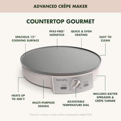 GreenPan Advanced 12" Crepe Maker, Ceramic Nonstick PFAS-Free Coating, Adjustable Temperature Control, 400°F Heating, Batter Spreader & Crepe Turner Included, Clay