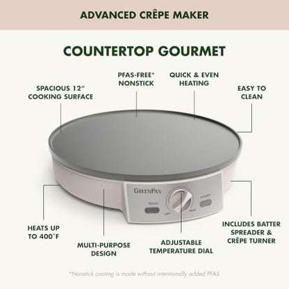 GreenPan Advanced 12" Crepe Maker, Ceramic Nonstick PFAS-Free Coating, Adjustable Temperature Control, 400°F Heating, Batter Spreader & Crepe Turner Included, Clay