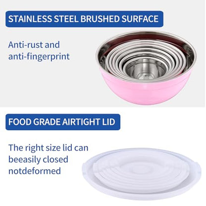 Moxinox Pink Mixing Bowls with Airtight Lids, Stainless Steel Nesting Mixing Bowls Set of 7, Ideal for Baking, Prepping and Serving Food, Size 7, 3.6, 2.7, 2.1, 1.5, 1.1,0.8 QT, Stackable Design