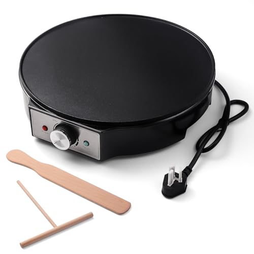 UVFAST Electric Crepe Maker 12'' & Griddle - Non-Stick Pan With Spreader for Roti, Tortilla, Blintzes, Pancakes - Adjustable Temperature, 1000W