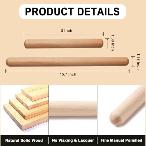 French Rolling Pin Set - Natural Wooden Rolling Pins, Classic Wooden Dough Roller for for Fondant,Pizza, Pie, Pasta, Bread, Pastry, Essential Kitchen Utensil,(8inch, 15.7inch)