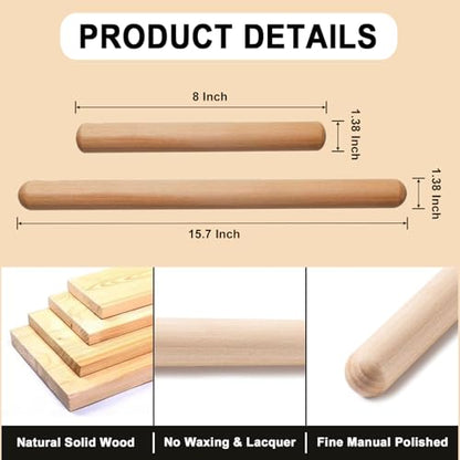 French Rolling Pin Set - Natural Wooden Rolling Pins, Classic Wooden Dough Roller for for Fondant,Pizza, Pie, Pasta, Bread, Pastry, Essential Kitchen Utensil,(8inch, 15.7inch)