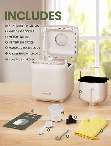SUMSATY Bread Maker, 2.2LB 16-in-1 Bread Machine Automatic Bread Maker Machine with Nonstick Pan & 15H Timer & 1H Keep Warm for Beginner Breadmaker with Gluten-Free, French, Yogurt, Recipe
