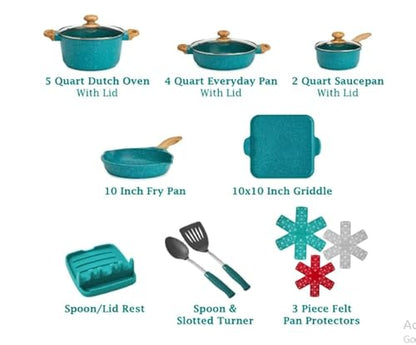 Prairie Signature 14-Piece Cast Aluminum Cookware Set, Teal Speckle