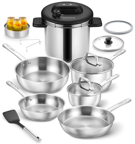 KOCH SYSTEME CS 14 Piece Stainless Steel Cookware Set with Pressure Cooker, Stainless Steel Pressure Cooker with Pots and Pans Set, 18/10 Stainless Steel Cookware Set, Induction Ready
