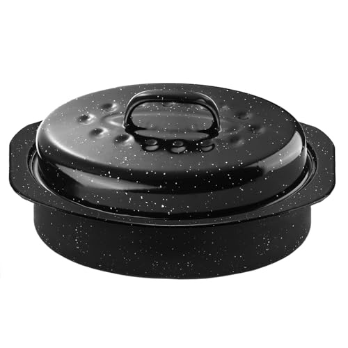 DIMESHY 13Inch Roasting Pan, Enamel on Steel, Black Covered Oval Roaster Pan with Lid, Small Cookware for Turkey, Small Chicken, Roast Baking Pan.