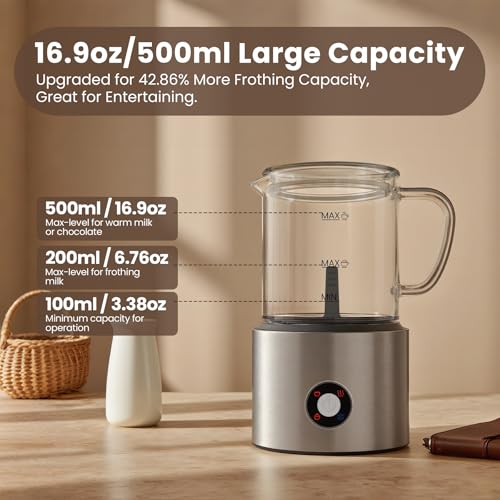 Detachable Milk Frother, 4 in 1 Milk Frother and Steamer, Dishwasher Safe, Glass Frother 16.9oz Warm and Cold Foam Maker, Electric Milk Frother for Coffee, Latte, Hot Chocolate (Silver)