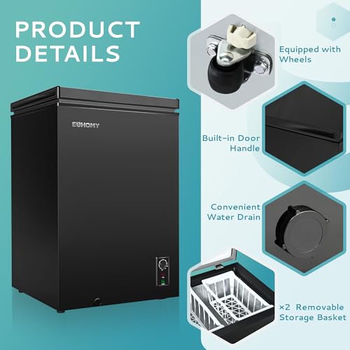 EUHOMY 3.5 Cu.Ft Chest Freezer with Wheels, Small Deep Freezer Adjustable 7 Thermostat, Quiet Mini Freezer Free-Standing Top Door, Energy Saving for Apartment/Garage/Basement/Dorm/Home, New Black