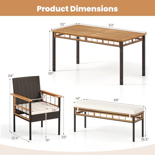 Tangkula 6 Pieces Patio Dining Table Set, Outdoor Rectangular Acacia Wood Table with 1.97” Umbrella Hole & Cushioned Backless Bench & 4 Armchairs, for Garden, Deck, Yard