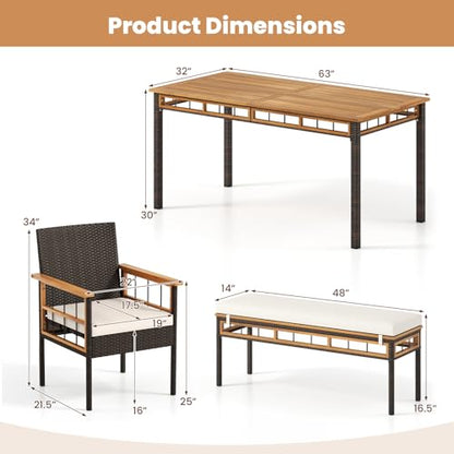 Tangkula 6 Pieces Patio Dining Table Set, Outdoor Rectangular Acacia Wood Table with 1.97” Umbrella Hole & Cushioned Backless Bench & 4 Armchairs, for Garden, Deck, Yard