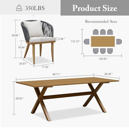 PURPLE LEAF 9 Pieces Patio Dining Set Wicker Outdoor Furniture Rectangular Table and Chairs Set for Garden Deck Teak-Finish Aluminum Frame Backyard Kitchen Set, Cushions and Pillows Included