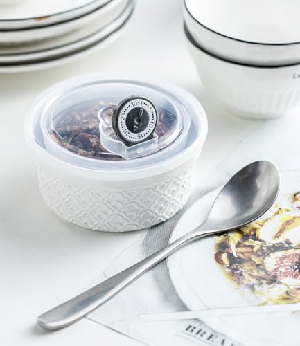 12 oz Ramekins with Lids Oven Safe, Creme Brulee Ramekins with Covers, Ceramic Small Baking Dishes Set of 4, Souffle Dishes Bowls Dishwasher Safe, Mothers Day Gifts for Mom