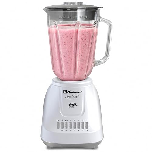 Koblenz LKM-5910 VB Glass Blender, 51 oz Countertop, 500W Motor, 10 Speed + 2 Pulse, Stainless Steel Blades, Metal Coupling, Blender for Smoothies and Shakes, White