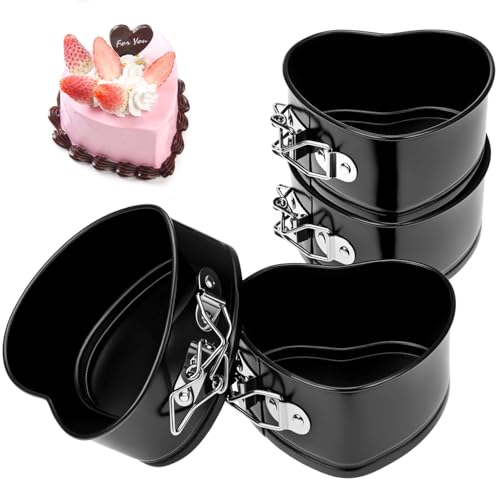 QWORK Springform Cake Pan Set - 4 Pack 4-Inch Non-Stick Leakproof Heart Shape Cheesecake Pan Baking Molds with Removable Bottom for Birthday Cakes
