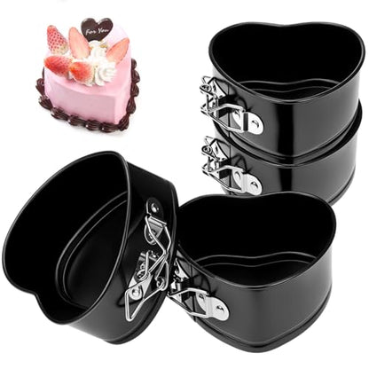 QWORK Springform Cake Pan Set - 4 Pack 4-Inch Non-Stick Leakproof Heart Shape Cheesecake Pan Baking Molds with Removable Bottom for Birthday Cakes