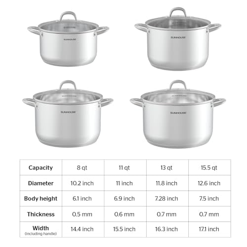 Sunhouse Stock Pot with Lid - 13 QT Large Pot for Cooking Pasta, Soup, Spaghetti - Impact Bonding Base Big Stainless Steel Pots for Canning, Boiling - Oven Safe & Induction Compatible Cookware
