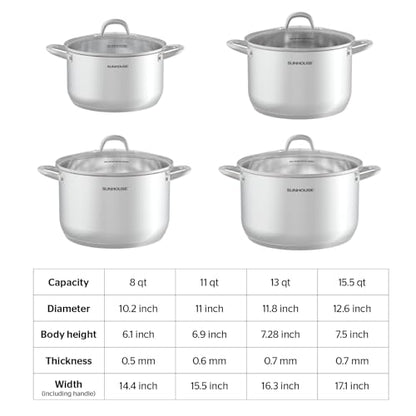 Sunhouse Stock Pot with Lid - 13 QT Large Pot for Cooking Pasta, Soup, Spaghetti - Impact Bonding Base Big Stainless Steel Pots for Canning, Boiling - Oven Safe & Induction Compatible Cookware
